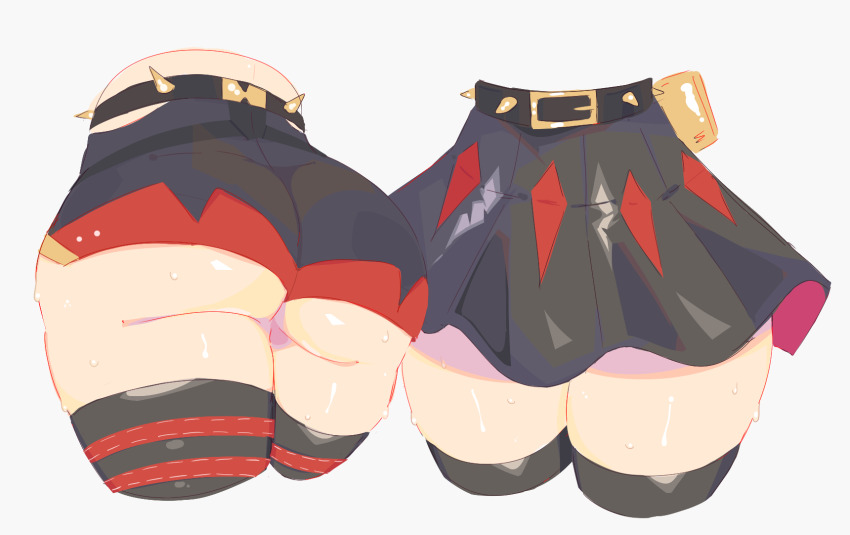 1girl, ass, ass_focus, back, black_shorts, black_skirt, burnice_white, cropped_legs, from_behind, highres, legs, lower_body, red_shorts, short_shorts, shorts, simple_background, skirt, spiked_belt, sweat, thigh_focus, thighhighs, thighs, two-tone_shorts, underbutt, unfamousradish, white_background, zenless_zone_zero