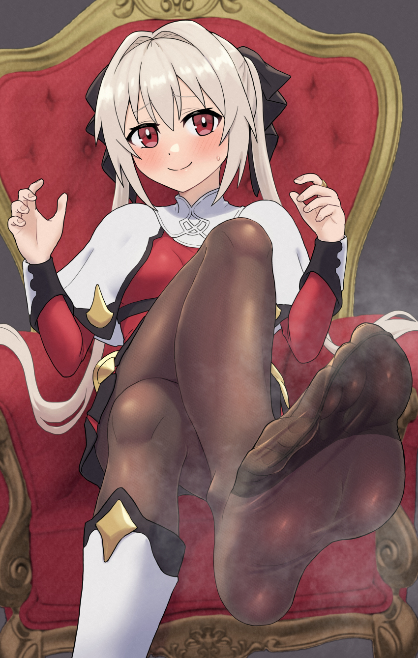 1girl, absurdres, blush, boots, crossed_legs, feet, highres, long_hair