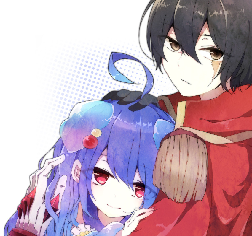 1boy, 1girl, ahoge, asymmetrical_gloves, black_gloves, black_hair, blue_hair, epaulettes