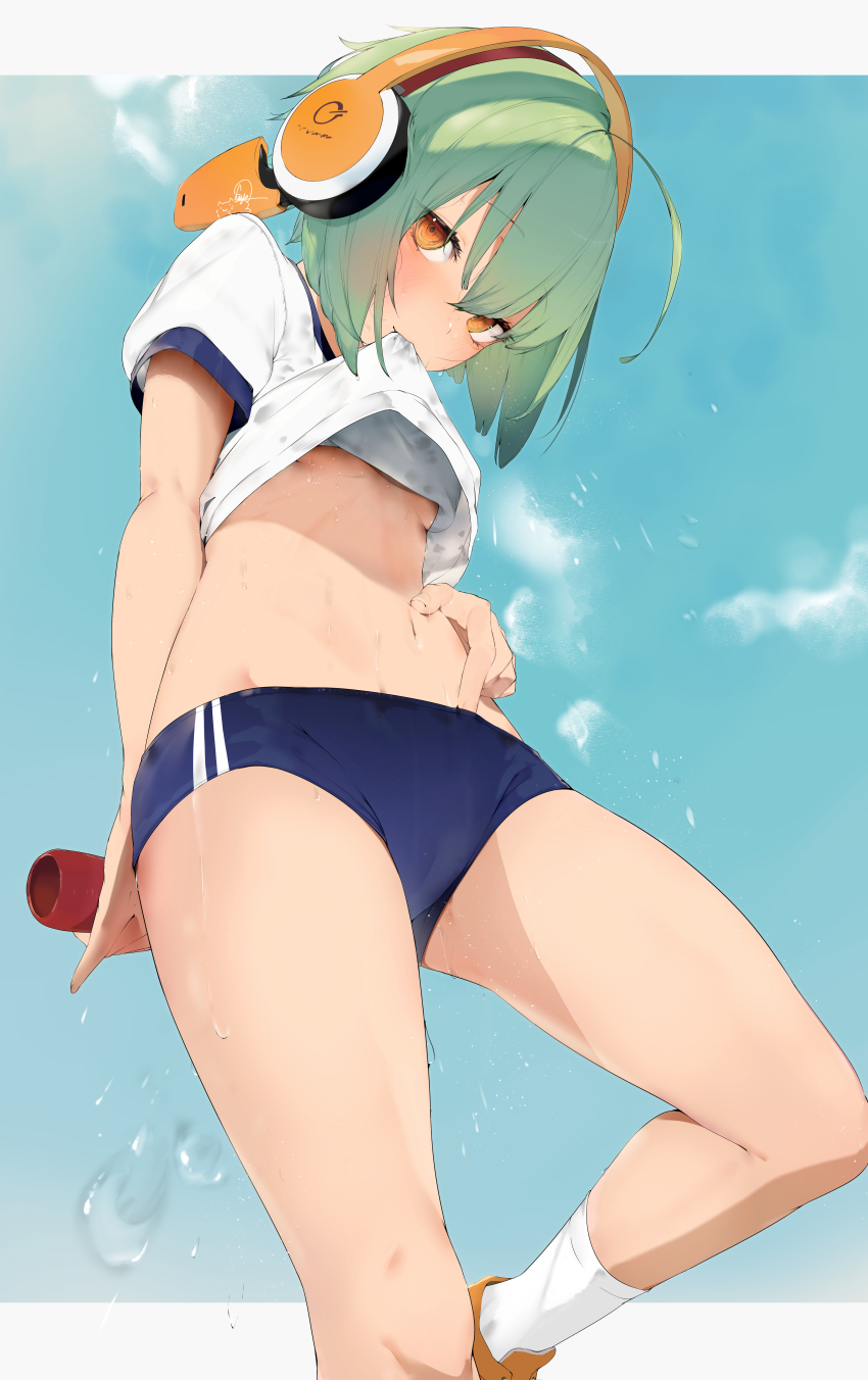 1girl, absurdres, ahoge, arm_behind_back, blue_buruma, blue_sky, blush, breasts, buruma, cameltoe, chunithm, clothes_lift, commentary, cowboy_shot, flying_sweatdrops, from_below, green_hair, groin, gym_shirt, gym_uniform, hair_between_eyes, hand_on_own_hip, headphones, highres, holding, kisaragi_yaya, looking_at_viewer, midriff, mouth_hold, navel, no_bra, orange_eyes, orange_shoes, shirt, shoes, short_hair, sky, sky_feather_(chunithm), small_breasts, socks, solo, stomach, striped_clothes, sweat, sweaty_clothes, thighs, upper_body, white_shirt, white_socks