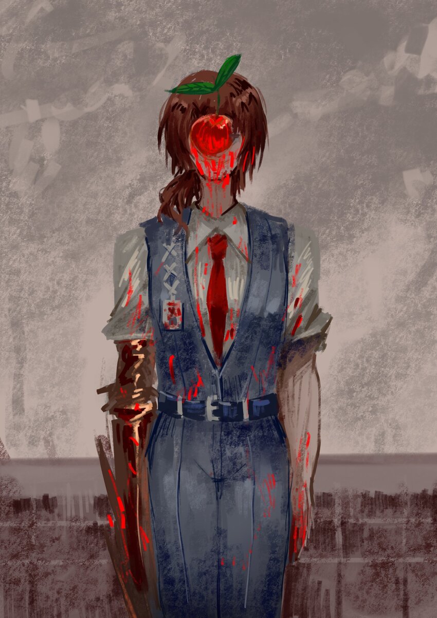 1boy, absurdres, apple, arms_at_sides, arthropod_limbs, belt, belt_buckle, black_belt