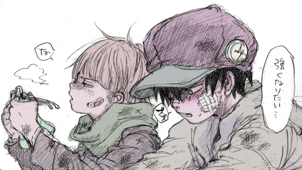 2boys, bandaid, bandaid_on_cheek, bandaid_on_face, bandaid_on_nose, baseball_cap, black_hair, blonde_hair