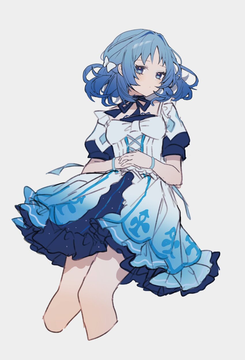 1girl, blue_choker, blue_eyes, blue_hair, bow, choker, closed_mouth, cropped_legs