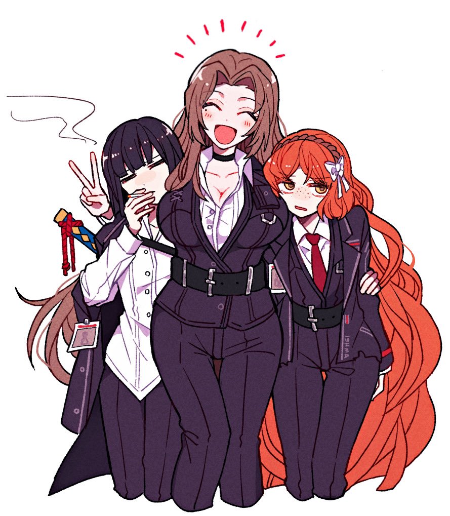 3girls, black_choker, black_hair, black_jacket, black_pants, black_vest, bob_cut, bow