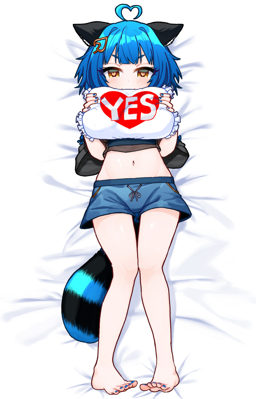 absurdres, acorn_hair_ornament, animal_ears, barefoot, belly, blue_hair, blue_tail, heart