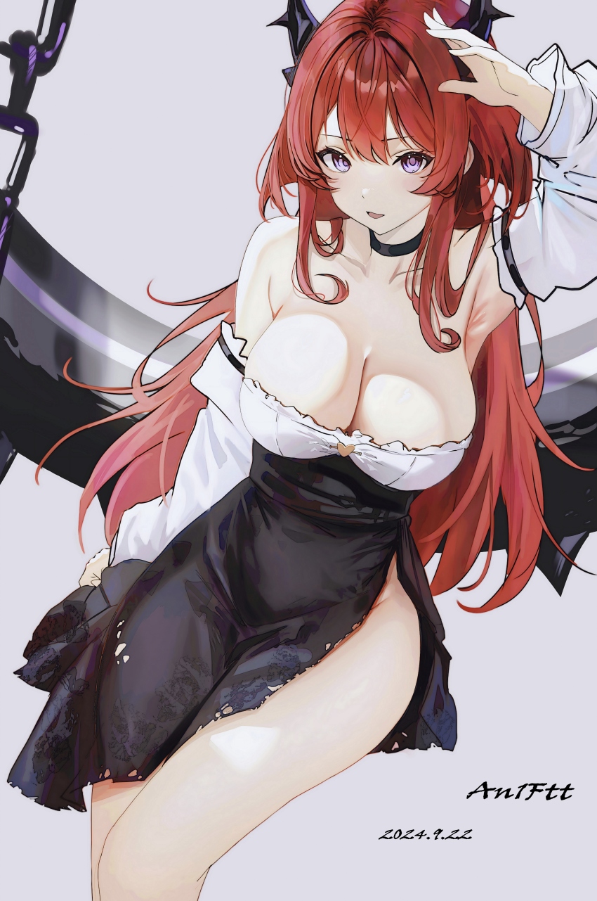 1girl, absurdres, arknights, arm_up, armpits, artist_name, black_choker, black_skirt