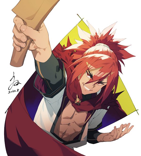 1boy, hand_up, long_hair, luke_sykol, male_focus, nageki_no_bourei_wa_intaishitai, open_clothes, open_shirt, red_eyes, red_hair, shirt, simple_background, smile, white_background, white_shirt