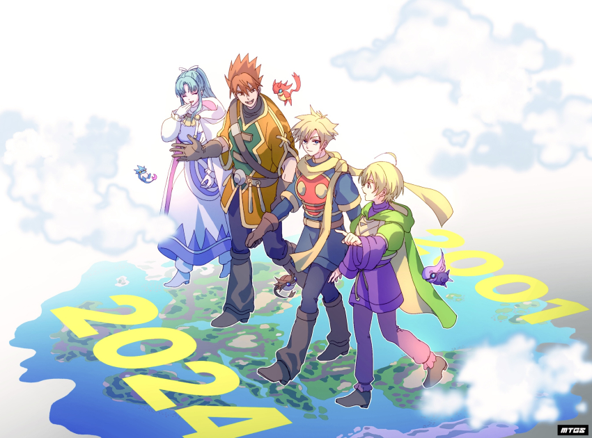 1girl, 2001, 2024, 3boys, :d, armor, artist_name, belt