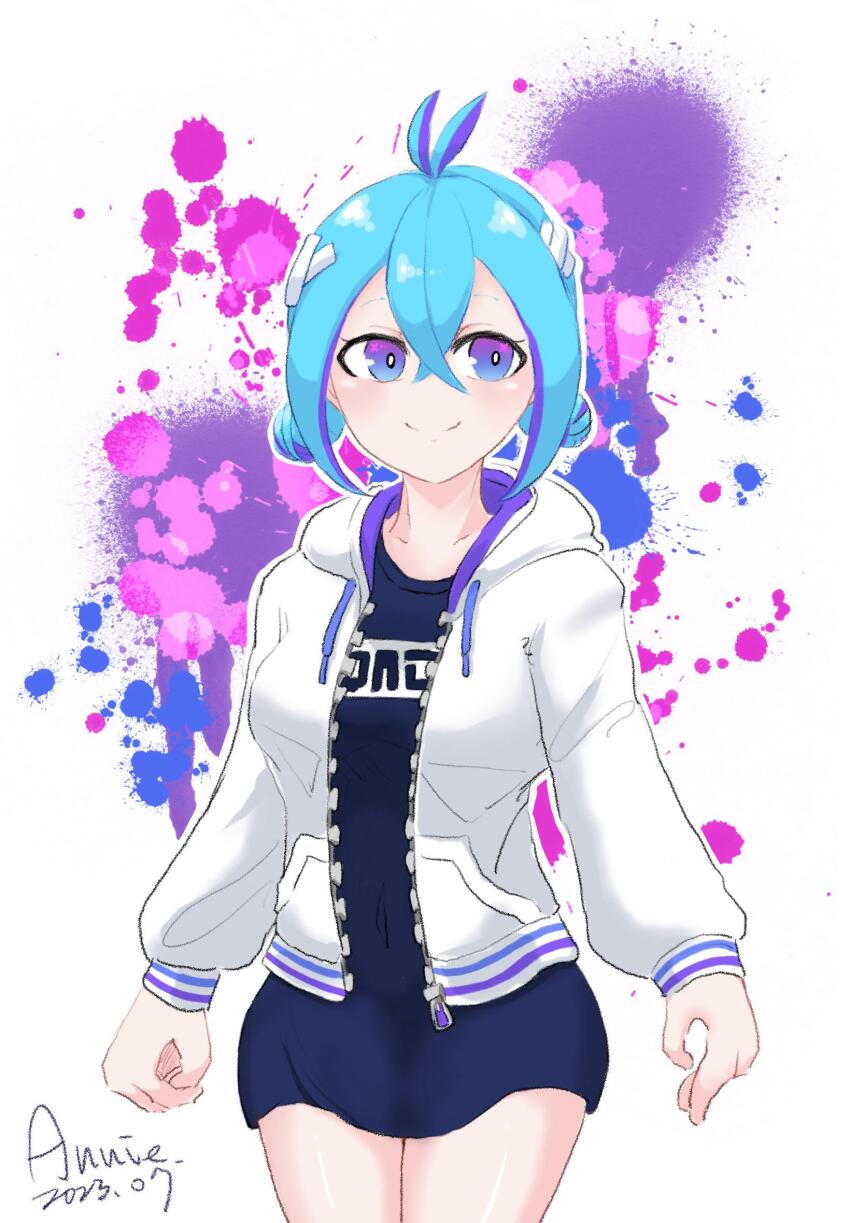 1girl, ahoge, alternate_costume, annie_yang, antenna_hair, blue_eyes, blue_hair, blue_one-piece_swimsuit