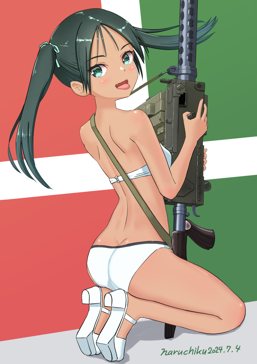 1girl, absurdres, artist_name, ass, bikini, blush, breasts, butt_crack, dated, fang, francesca_lucchini, full_body, green_eyes, green_hair, gun, highres, long_hair, looking_at_viewer, looking_back, naruchiku_(naruchikukai), open_mouth, rifle, shoulder_blades, small_breasts, smile, solo, strike_witches, swimsuit, twintails, weapon, white_bikini, world_witches_series