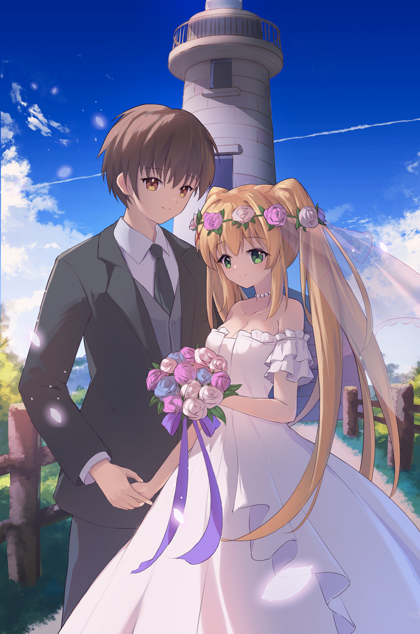 1boy, 1girl, backlighting, bare_shoulders, black_necktie, black_suit, blonde_hair, blue_flower