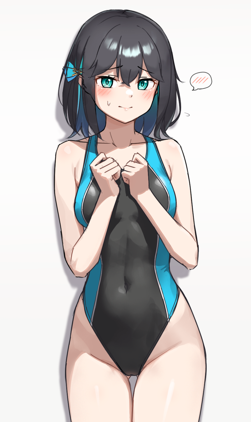 1girl, black_hair, blue_eyes, blue_hair, colored_inner_hair, commentary_request, competition_swimsuit, covered_navel