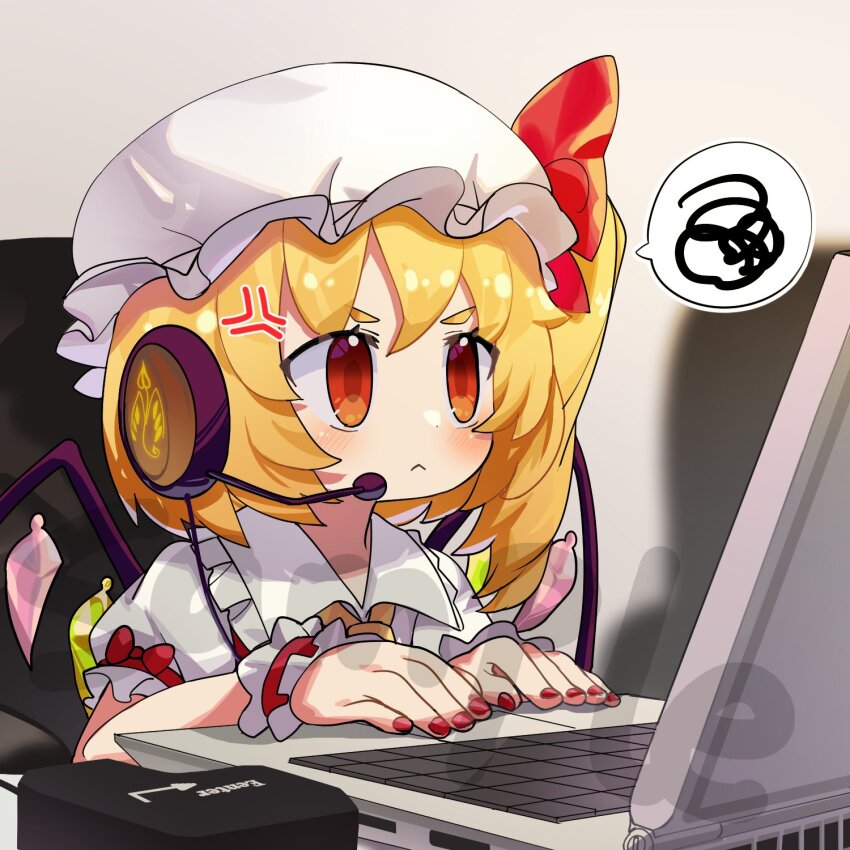 1girl, :<, anger_vein, ascot, at_computer, blonde_hair, blush, bow