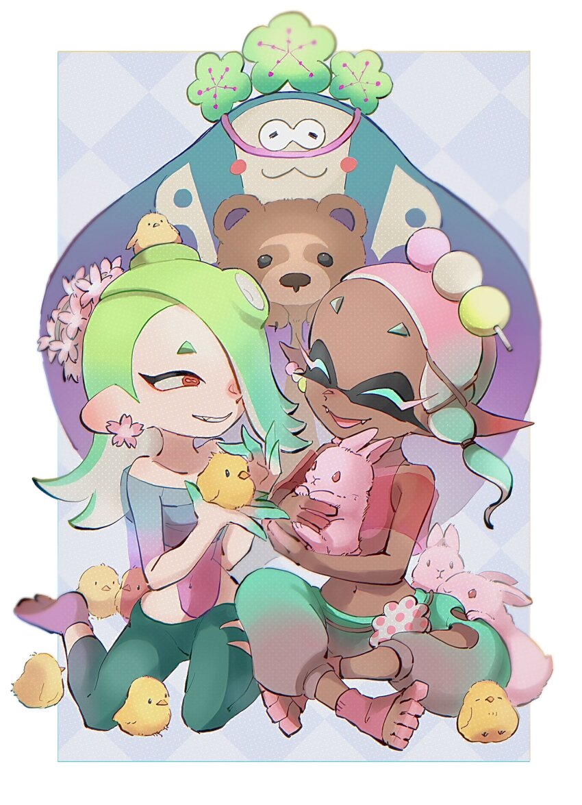 1boy, 2girls, animal, baby_animal, bare_arms, bare_shoulders, bear, big_man_(splatoon)