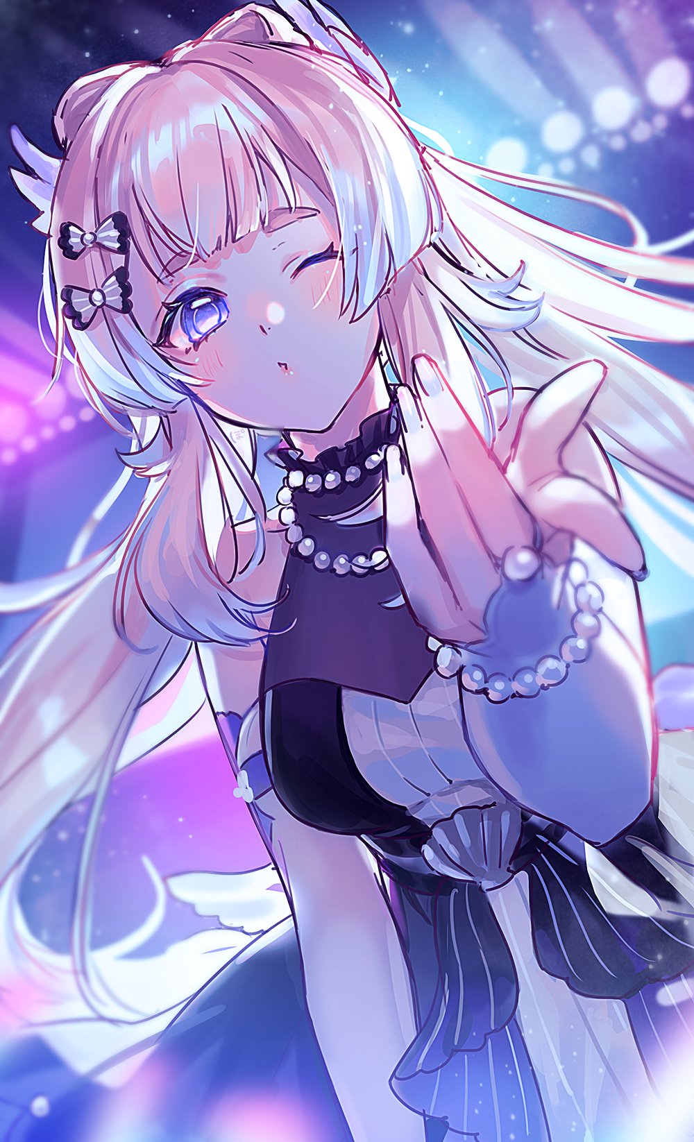 blowing_kiss, blue_hair, blue_nails, blurry, blurry_background, blush, bow, bow-shaped_hair, bracelet, breasts, commentary_request, detached_sleeves, dress, genshin_impact, hair_bow, highres, jewelry, light_particles, long_hair, looking_at_viewer, medium_breasts, necklace, one_eye_closed, outstretched_arm, pearl_bracelet, pearl_necklace, pearl_ring, pink_hair, pon2oo, purple_eyes, pursed_lips, sangonomiya_kokomi, sangonomiya_kokomi_(flame_fusion), seashell, shell, sleeveless, sleeveless_dress, spotlight, twintails