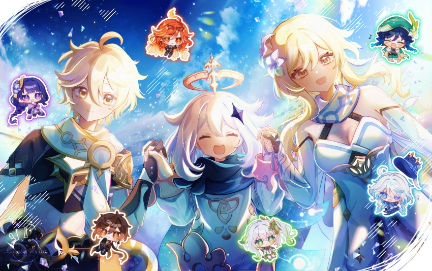 3boys, 6+girls, :d, @_@, ^_^, aether_(genshin_impact), ahoge, aqua_hair