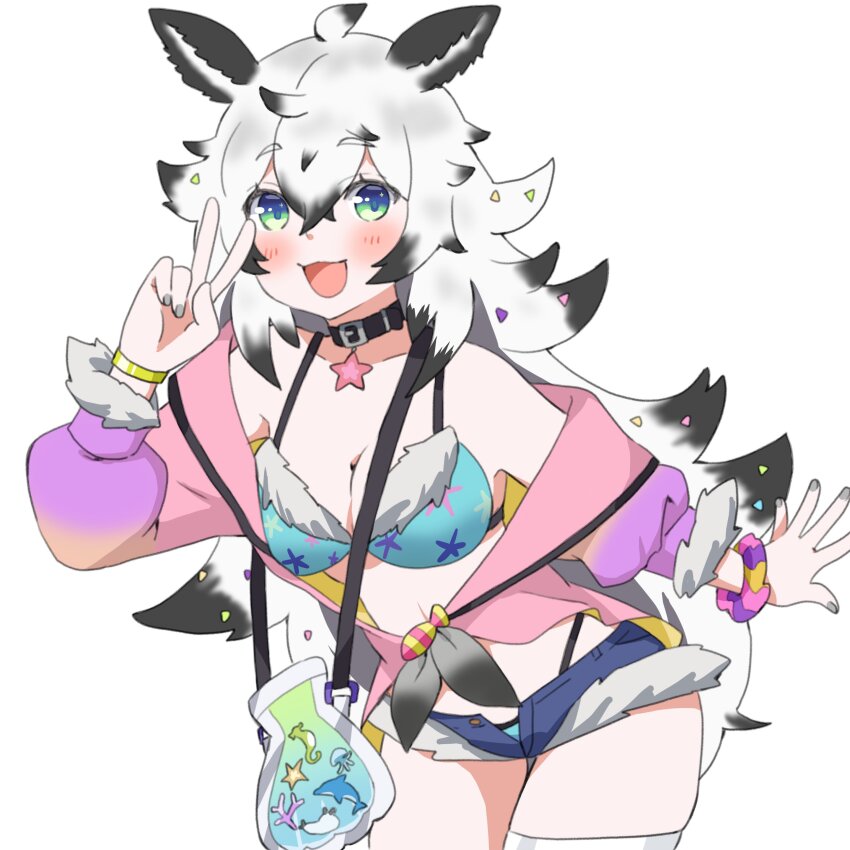 1girl, absurdres, animal_ears, bag, bikini, black_choker, black_hair, blue_bikini