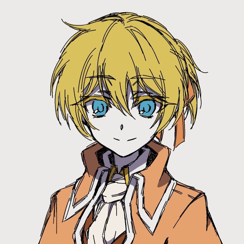 1boy, aku_no_meshitsukai_(vocaloid), allen_avadonia, ascot, blonde_hair, blue_eyes, brown_vest, coat, collared_coat, collared_jacket, collared_shirt, evillious_nendaiki, hair_between_eyes, hair_ribbon, highres, jacket, kagamine_len, limited_palette, looking_at_viewer, orange_coat, orange_jacket, orange_ribbon, pale_skin, ponytail, ribbon, rice_rice_2525, shirt, short_ponytail, sketch, smile, solo, upper_body, vest, vocaloid, white_ascot, white_shirt