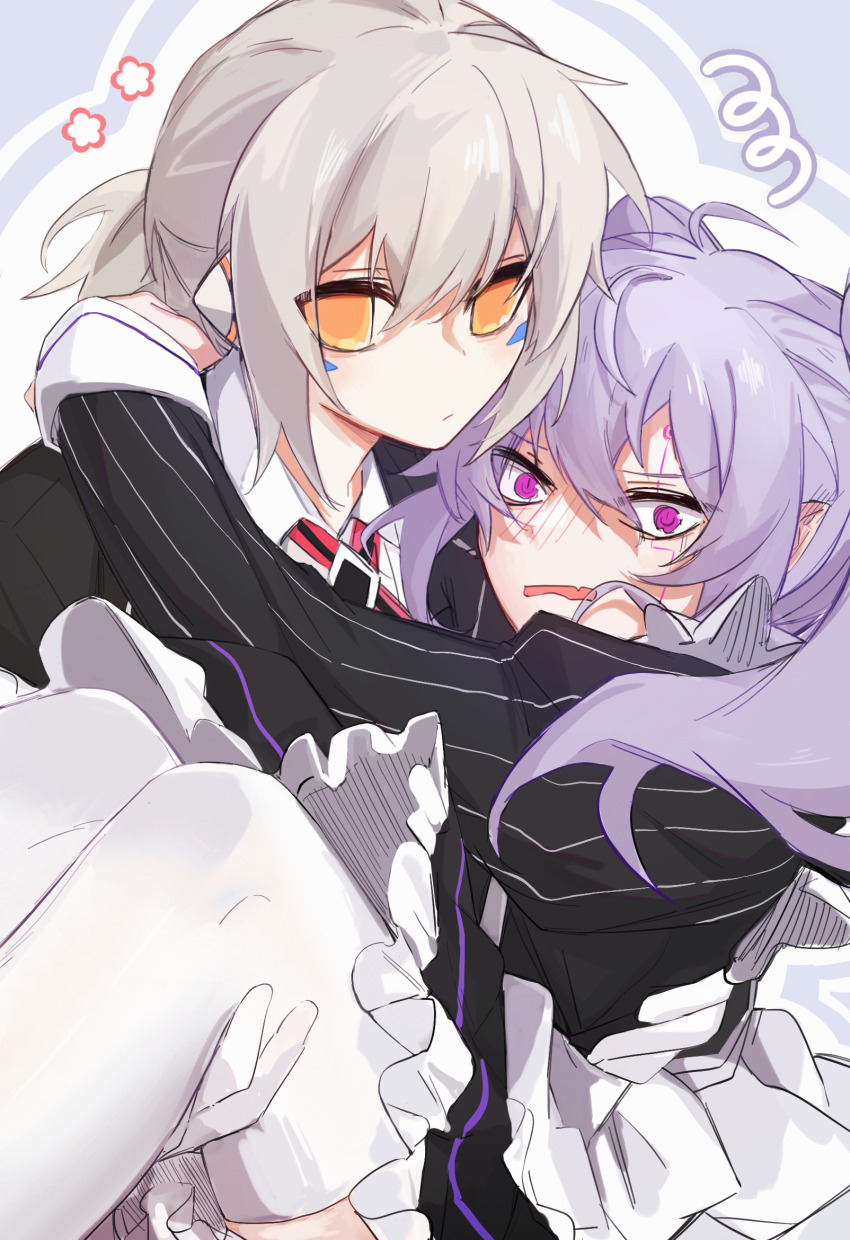1boy, 1girl, add_(elsword), alternate_costume, android, apron, black_dress, black_suit, blush, butler, carrying, carrying_person, commentary, crossdressing, crossdressing_(ftm), crossdressing_(mtf), dress, elsword, enmaided, eve_(elsword), expressionless, facial_mark, female_butler, formal_clothes, grey_hair, hair_between_eyes, highres, long_hair, looking_at_viewer, maid, male_maid, narokoko, pantyhose, ponytail, princess_carry, purple_eyes, short_ponytail, simple_background, suit, untranslatable_commentary, twintails, waist_apron, white_apron, white_pantyhose, yellow_eyes