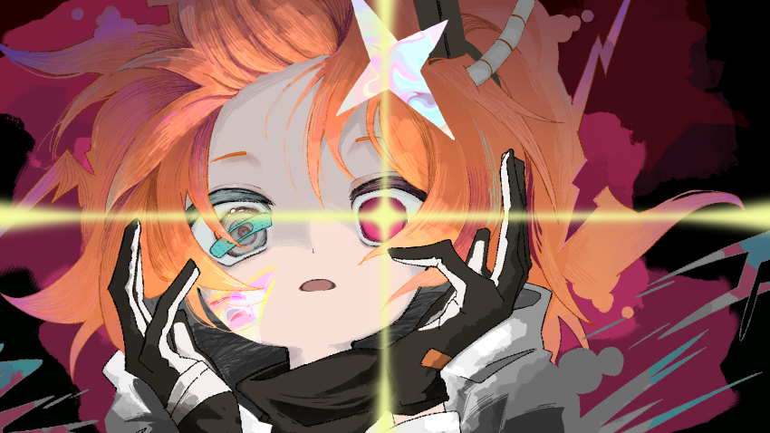 1girl, a.i._voice, abstract_background, adachi_rei, alternate_eye_color, bandaged_hand, bandages, bandaid_on_eye, black_gloves, black_shirt, colored_skin, commentary, cracked_skin, diffraction_spikes, floating_hair, forehead, gloves, grey_eyes, hands_up, heterochromia, highres, hood, hood_down, iridescent, jaggy_lines, kurusuke_(kurumi), long_sleeves, looking_at_viewer, multicolored_skin, open_mouth, orange_hair, pink_background, pink_eyes, portrait, revision, shirt, solo, sparkle_hair_ornament, tougenkyou_e_ikou_(utau), tube, turtleneck, turtleneck_shirt, two-tone_gloves, utau, white_gloves, wide-eyed