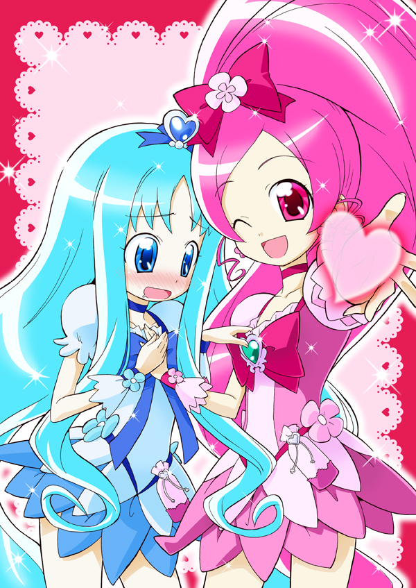 10s, 2girls, blue_eyes, blue_hair, blue_skirt, blush, bow, brooch