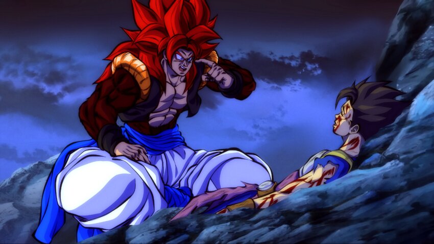 2boys, abs, black_hair, blood, blood_on_face, cabba, commentary, derivative_work, dragon_ball, english_commentary, finger_on_forehead, fusion, gogeta, highres, invincible_(series), metamoran_vest, multiple_boys, muscular, muscular_male, open_mouth, pants, pectorals, red_hair, saiyan_armor, spiked_hair, super_saiyan, super_saiyan_4, tcdynamite12, underwear, white_pants