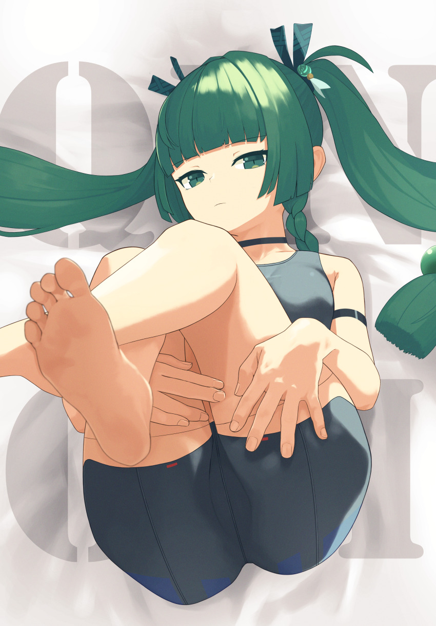 1girl, absurdres, android, armlet, bare_legs, barefoot, bike_shorts, black_shorts, blunt_bangs, braid, braided_sidelock, braided_sidelocks, cameltoe, closed_mouth, feet, green_eyes, green_hair, hair_ornament, highres, hugging_own_legs, jewelry, knees_to_chest, knees_up, legs_up, loli, long_hair, looking_at_viewer, lying, mutsuki_albino, on_back, qingyi_(zenless_zone_zero), robot_girl, shorts, side_braids, sidelocks, soles, solo, sphere_hair_ornament, toes, twintails, zenless_zone_zero