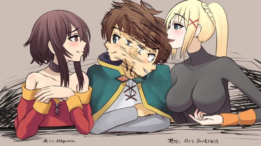 1boy, 2girls, :d, bare_shoulders, black_bodysuit, black_choker, blonde_hair, bodysuit, breasts, brown_background, brown_hair, capelet, character_name, choker, closed_mouth, collarbone, darkness_(konosuba), dress, eye_contact, green_capelet, grey_shirt, grin, hair_ornament, kawaseri1, kono_subarashii_sekai_ni_shukufuku_wo!, large_breasts, long_sleeves, looking_at_another, megumin, meme, motion_lines, multiple_girls, open_mouth, ponytail, red_dress, red_eyes, satou_kazuma, shirt, smile, teeth, the_weaker_sex_1_(gibson), x_hair_ornament