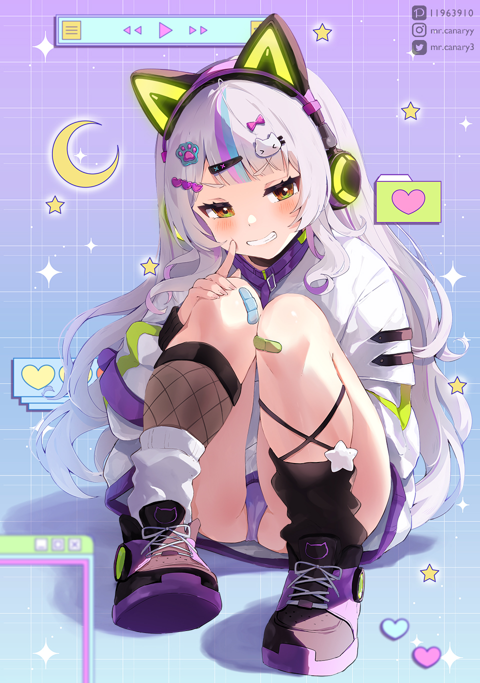 1girl, animal_ear_headphones, animal_ears, aqua_hair, bandaid, bandaid_on_knee, bandaid_on_leg, black_choker