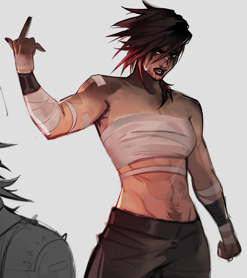 1girl, abs, absurdres, arcane:_league_of_legends, arcane_vi, asymmetrical_hair, bandages, breasts, commentary, english_commentary, facial_tattoo, highres, league_of_legends, looking_at_viewer, middle_finger, muscular, muscular_female, nessepack, pants, piercing, pink_hair, sarashi, short_hair, sidecut, solo, tattoo, undercut, vi_(league_of_legends)