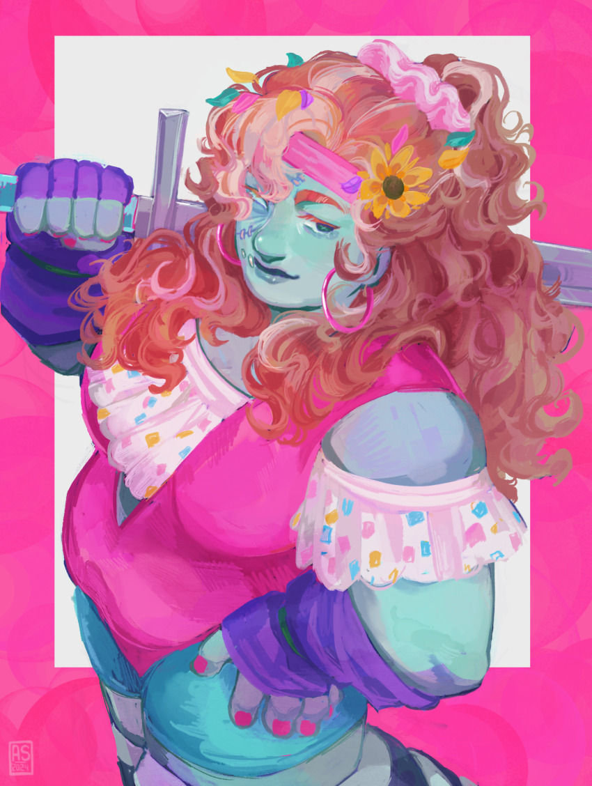 1girl, applestruda, breasts, closed_mouth, colored_skin, commentary, curly_hair, earrings