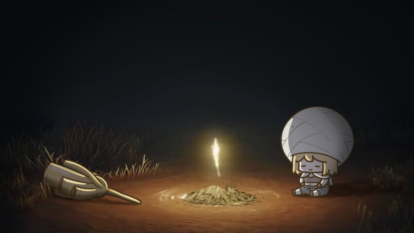 1girl, =_=, blonde_hair, closed_eyes, commentary, cosplay, elden_ring, full_body