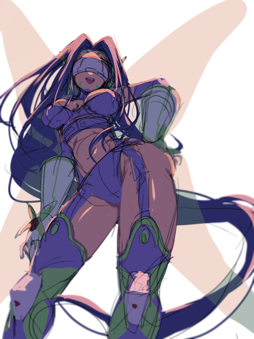 1girl, :d, absurdres, arm_warmers, ass, belt, bikini, boots, breasts, butterfly_hair_ornament, butterfly_wings, cleavage, commentary_request, contrapposto, covered_eyes, digimon, digimon_(creature), digimon_frontier, elbow_gloves, facial_mark, fairimon, fairy_wings, from_below, garter_straps, gloves, grey_gloves, hair_ornament, hand_on_own_hip, head-mounted_display, highres, insect_wings, koutei_teki, large_breasts, long_hair, midriff, multiple_wings, navel, open_mouth, parted_bangs, purple_belt, purple_bikini, purple_boots, purple_hair, revealing_clothes, shoulder_pads, simple_background, sketch, smile, solo, standing, swimsuit, teeth, thigh_boots, upper_teeth_only, very_long_hair, white_background, wings