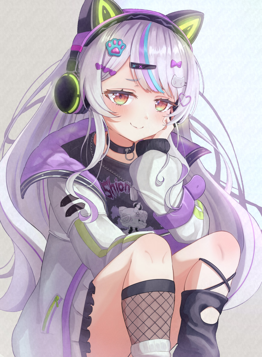 1girl, animal_ear_headphones, animal_ears, aqua_hair, black_choker, black_shirt, blush, cat_hair_ornament, choker, fake_animal_ears, grey_hair, hair_ornament, hairpin, headphones, heart, heart_hair_ornament, highres, hololive, jacket, long_hair, looking_at_viewer, multiple_hairpins, murasaki_shion, murasaki_shion_(8th_costume), official_alternate_costume, paw_hair_ornament, ponzakuro0116, purple_hair, shirt, skirt, smile, solo, v-shaped_eyebrows, virtual_youtuber, white_background, white_jacket, white_skirt, yellow_eyes