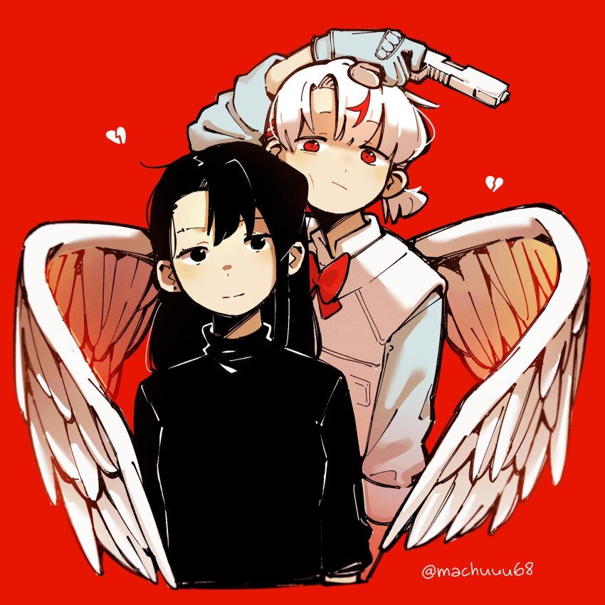 2girls, absurdres, black_hair, black_shirt, bow, bulletproof_vest, cupid, gun