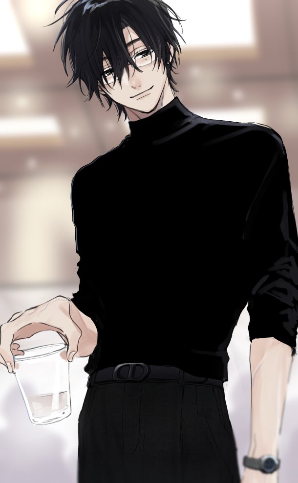 1boy, asymmetrical_bangs, belt, black_belt, black_pants, black_sweater, blurry, ceiling_light