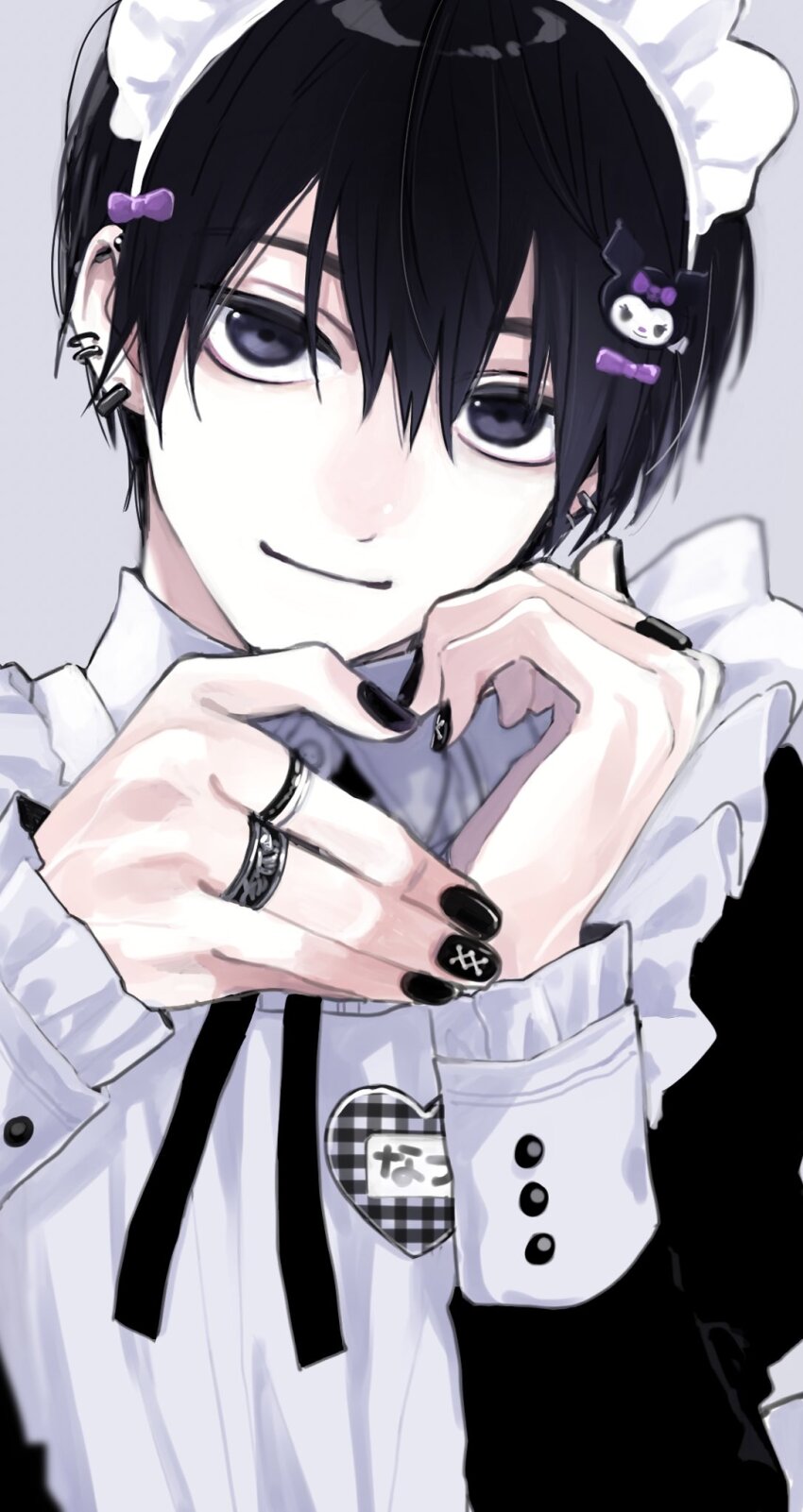 1boy, apron, black_eyes, black_hair, black_nails, black_shirt, close-up, closed_mouth