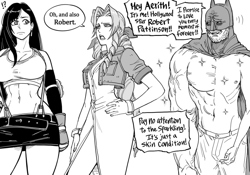 !?, abs, absurdres, aerith_gainsborough, batman, batman_(cosplay), batman_(series), bb_(baalbuddy), coomer_(meme), cosplay, dc_comics, english_text, final_fantasy, final_fantasy_vii, greyscale, highres, meme, monochrome, muscular, muscular_male, navel, robert_pattinson, speech_bubble, the_batman_(2022), tifa_lockhart, toned, toned_female