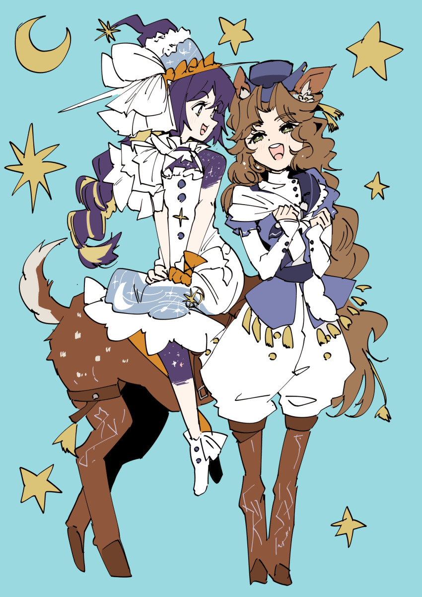 2girls, :d, animal_ears, blonde_hair, blue_background, blue_eyes, blue_hair, blue_hat