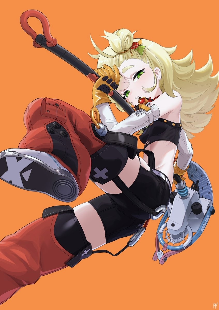 1girl, ass, axe, black_shirt, black_shorts, blonde_hair, breasts, commentary_request, crop_top, detached_pants, detached_sleeves, gloves, goggles, goggles_around_neck, green_eyes, hair_flaps, hair_ornament, hairclip, half-closed_eyes, highres, holding, holding_weapon, leg_up, long_hair, looking_at_viewer, makeoshimi, orange_background, pants, parted_lips, piper_wheel, red_pants, shirt, short_shorts, shorts, sidelocks, small_breasts, solo, stomach, thick_eyebrows, thighs, weapon, white_footwear, white_sleeves, yellow_gloves, zenless_zone_zero