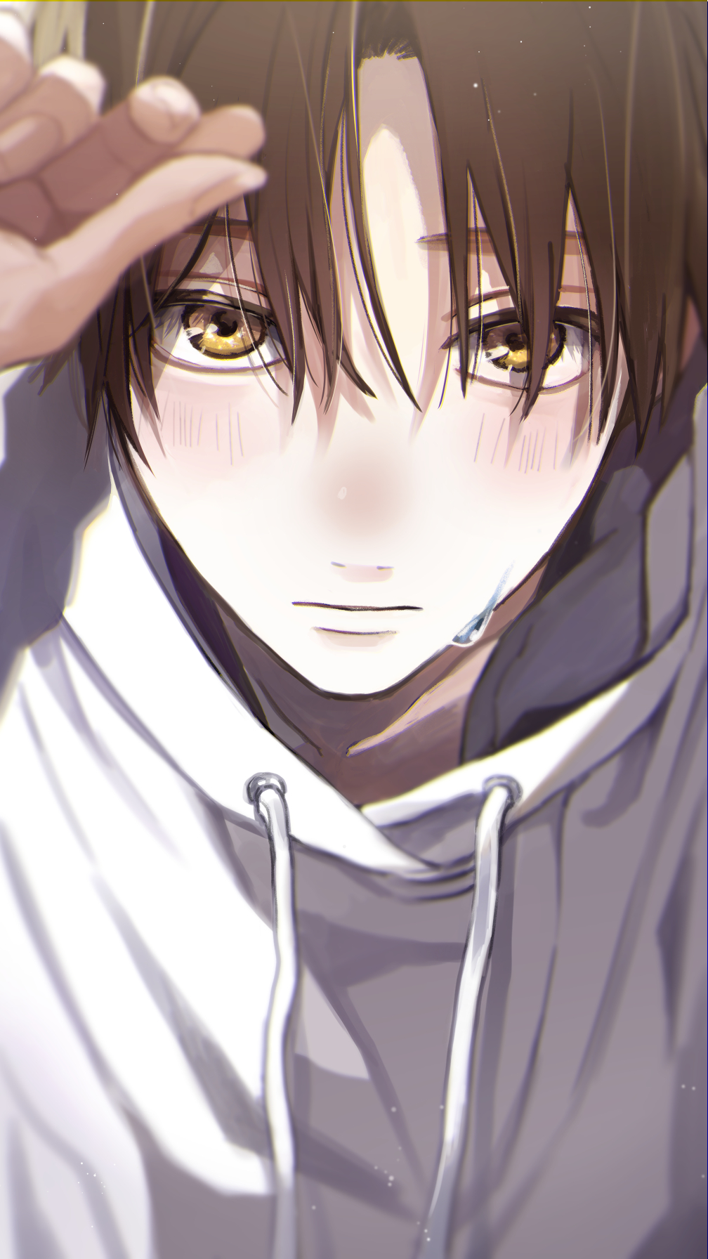 1boy, blurry, blush, brown_hair, close-up, closed_mouth, depth_of_field, ebihara_yuta, fingernails, from_above, hand_on_own_head, hand_up, highres, hood, hoodie, looking_at_viewer, male_focus, orange_eyes, parted_bangs, raised_eyebrows, short_hair, solo, sunlight, sweatdrop, tashiro-kun_kimi-tte_yatsu_wa, white_hoodie, yamada_(onigori105)