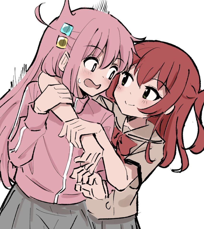 2girls, 5alive, arms_around_neck, blush, bocchi_the_rock!, bow, bowtie, brown_shirt