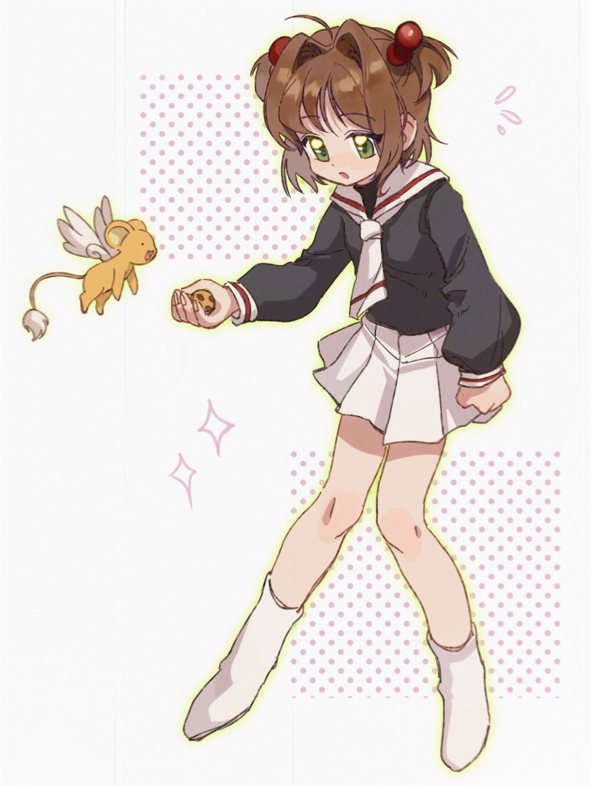 1boy, 1girl, :d, :o, black_shirt, blush, brown_hair, cardcaptor_sakura