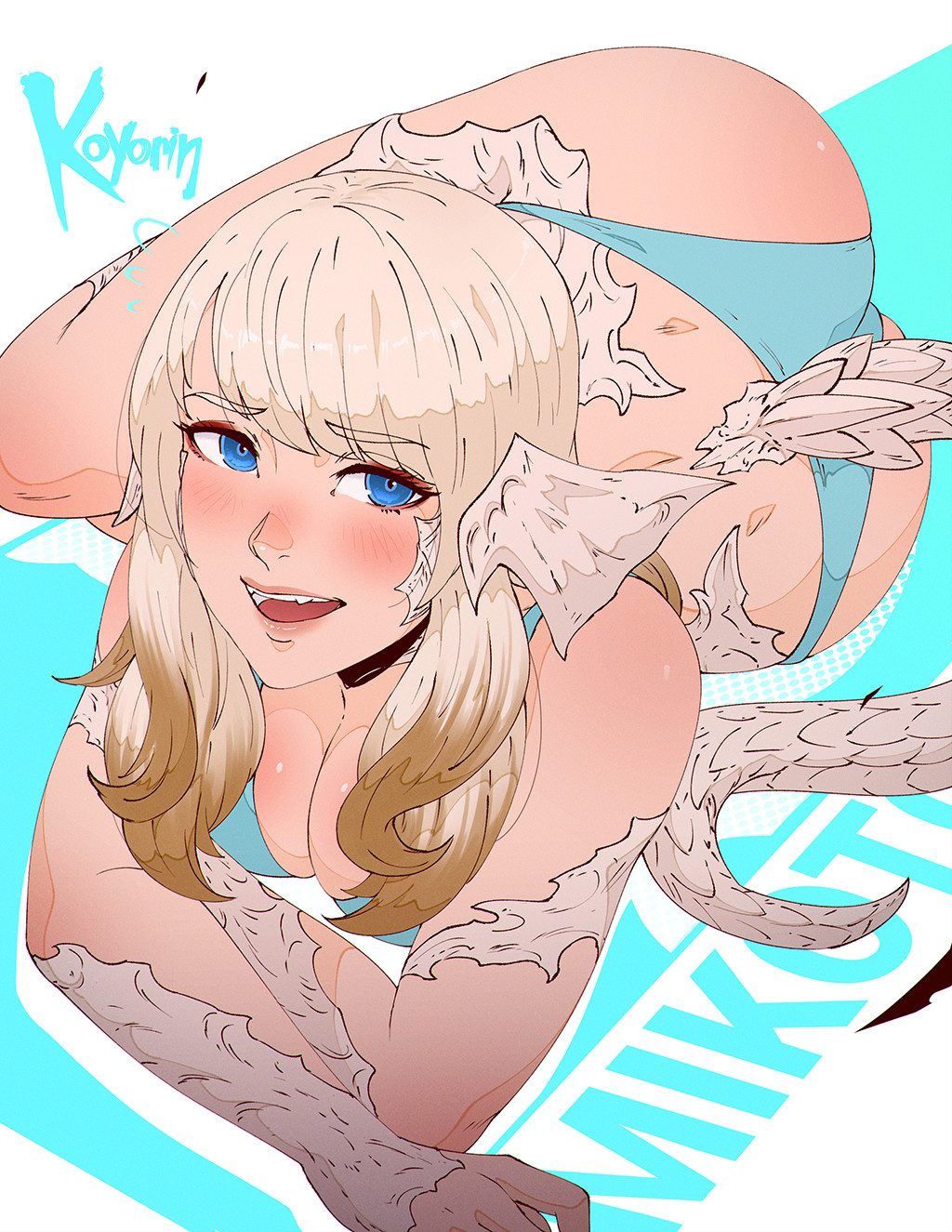 1girl, artist_name, au_ra, bikini, blonde_hair, blue_bikini, blue_eyes, blush