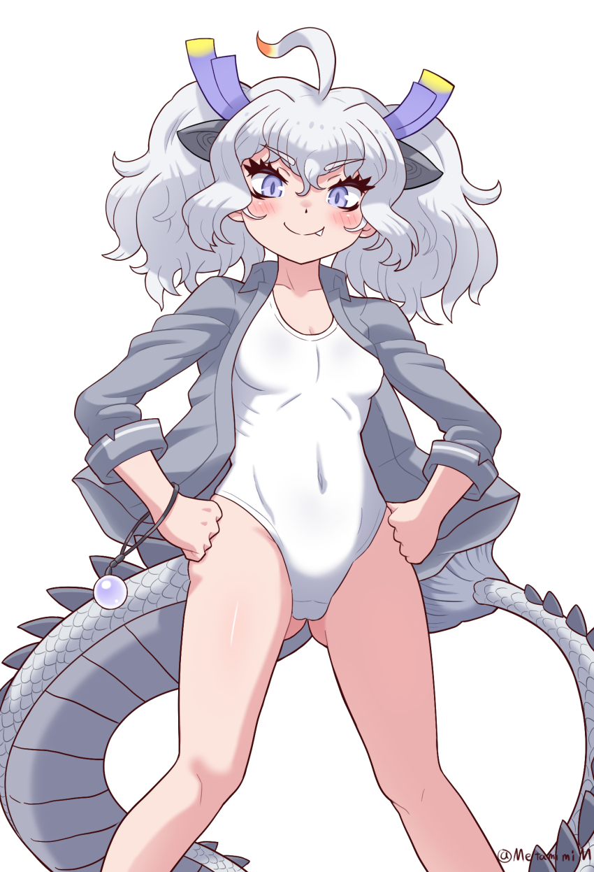 adapted_costume, animal_ears, bare_legs, blush, collared_shirt, cowboy_shot, dragon_ears, dragon_girl