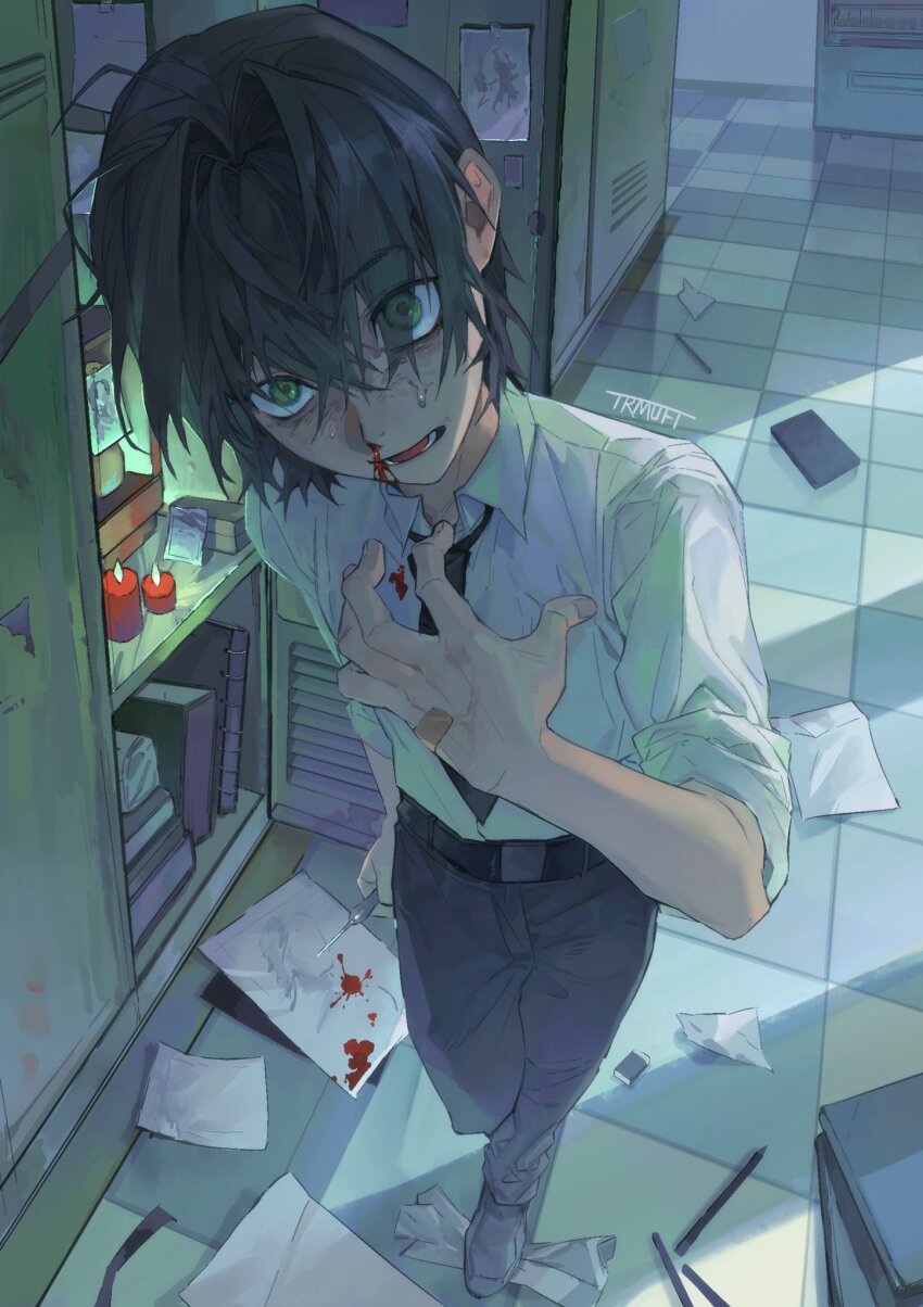 1boy, artist_name, bandaid, bandaid_on_hand, black_hair, black_necktie, black_pants, blood