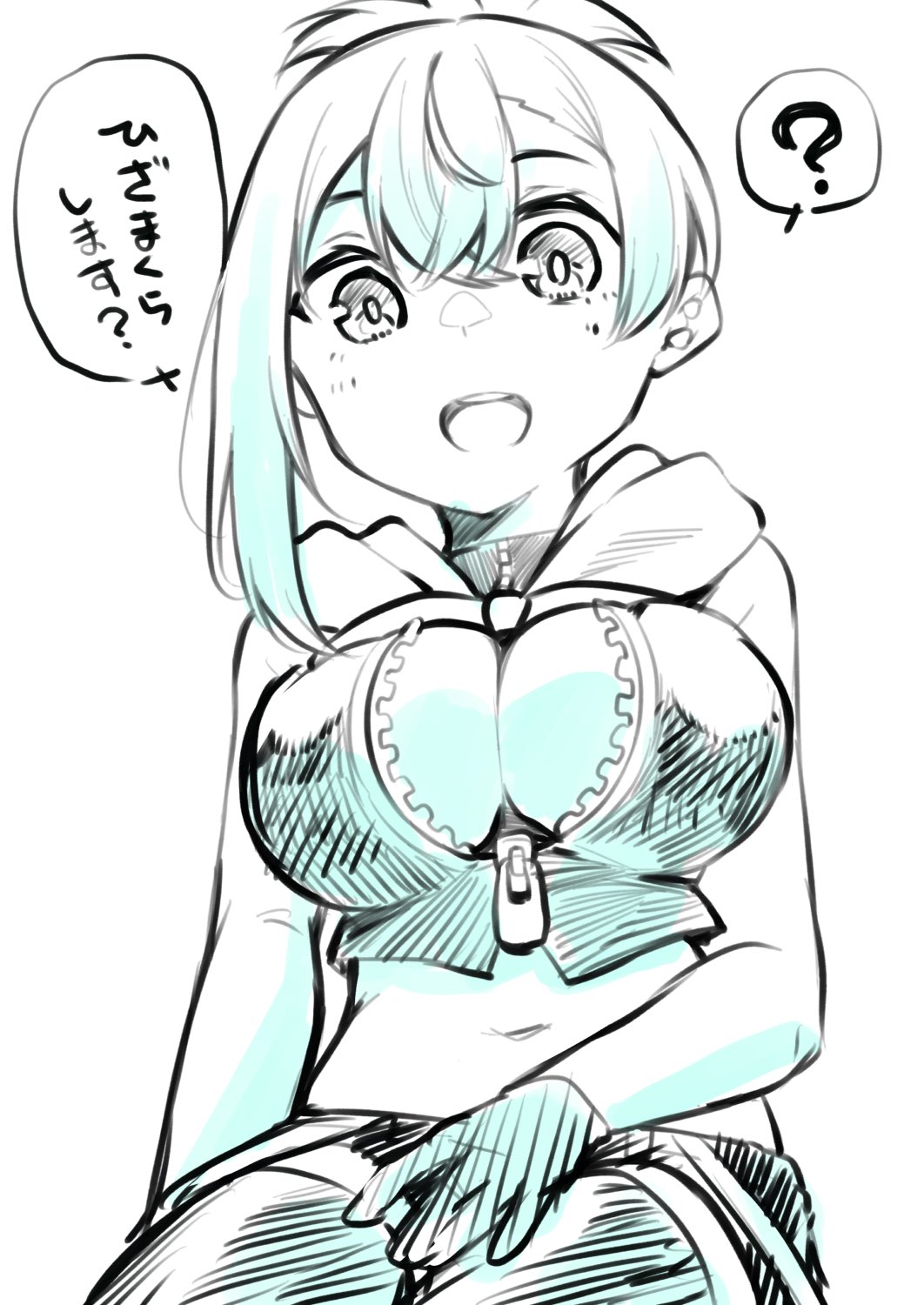 1girl, ?, aqua_theme, bandana, bandana_around_neck, breasts, cleavage, commentary_request