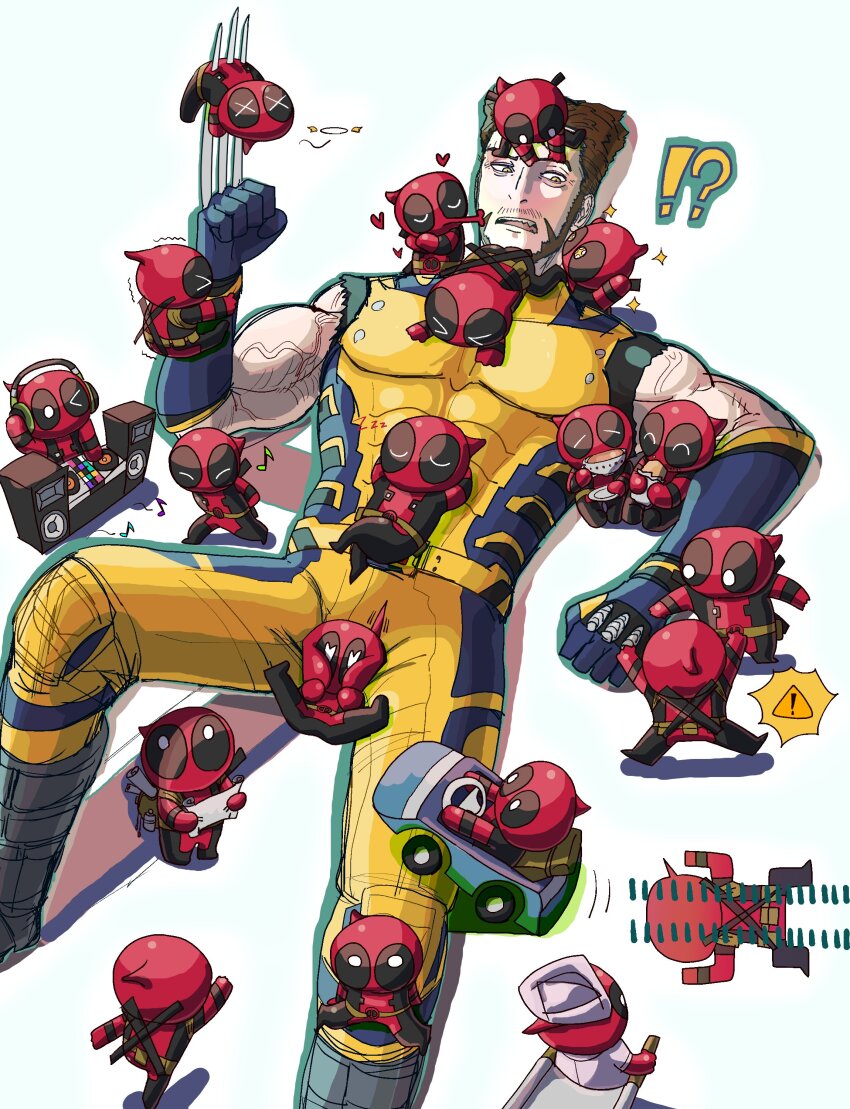 !?, >_<, 6+boys, absurdres, arms_up, beard, belt, between_legs, between_pectorals, bodysuit, brown_hair, car, chibi, claw_(weapon), clenched_hands, closed_eyes, commentary_request, cup, dancing, deadpool, deadpool_&amp;_wolverine, deadpool_(series), dj, drinking, driving, facial_hair, gloves, green_eyes, heart, heart-shaped_pupils, highres, holding, hug, impaled, kiss, kissing_cheek, looking_at_another, lying, male_focus, marvel, motor_vehicle, multicolored_bodysuit, multiple_boys, musical_note, nsync, ohniku0141029, on_back, open_mouth, pectorals, red_bodysuit, red_mask, run_over, running, short_hair, sleeping, stab, superhero_costume, symbol-shaped_pupils, trembling, two-tone_bodysuit, veins, veiny_arms, weapon, wolverine_(x-men), yaoi, yellow_bodysuit, zzz