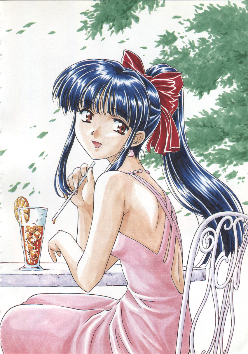 1990s_(style), 1girl, absurdres, alternate_costume, archived_source, bare_arms, bare_shoulders, blue_hair