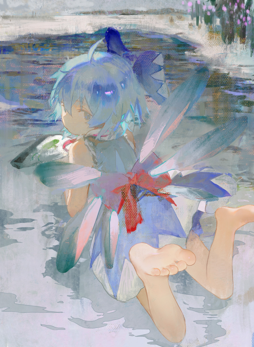 1girl, absurdres, back_bow, bare_legs, barefoot, blue_bow, blue_dress, blue_eyes, blue_hair, bow, cirno, closed_mouth, commentary_request, detached_wings, dress, fairy, fairy_wings, from_above, from_behind, frozen, full_body, hair_between_eyes, hair_bow, highres, ice, ice_wings, looking_at_viewer, looking_back, lying, on_stomach, outdoors, pinafore_dress, red_bow, shirt, sleeveless, sleeveless_dress, sleeveless_shirt, soles, solo, toes, touhou, tsuioku_(908026270), wings